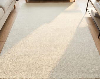 Alfombra de lana color marfil neutro, alfombra minimalista tejida a mano para sala de estar.