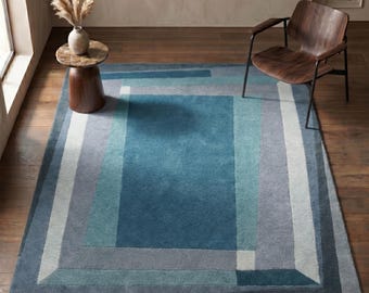 Alfombra geométrica azul grisácea, alfombra moderna de lana tejida a mano para sala de estar.