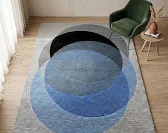 Alfombra de lana tejida a mano, alfombras con círculos abstractos azul acero, alfombra de área moderna de mediados de siglo.