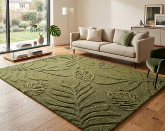 Alfombra de lana tejida a mano, alfombra botánica verde musgo con hojas para sala de estar.
