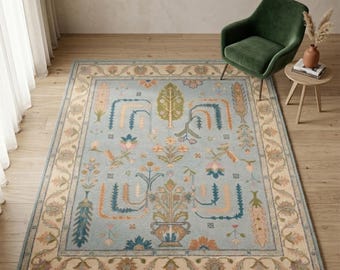 Alfombra floral tejida a mano / Alfombra de lana azul marfil con árbol de la vida para dormitorio
