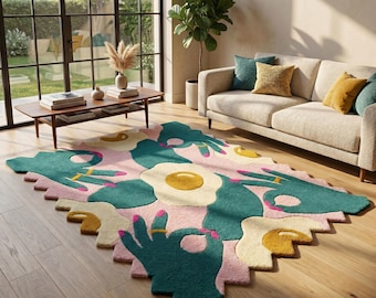 Alfombra de lana con mechones a mano en color rosa turquesa, alfombras de área artísticas abstractas con diseño en zigzag.