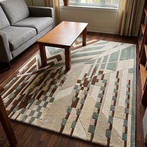 Salviagrön brun geometrisk matta, handtuftad art déco-matta i ull med chevrondesign i vardagsrummet