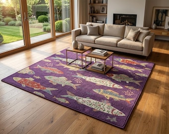 Alfombra de lana tejida a mano con diseño de peces, color morado intenso, estilo arte popular costero.