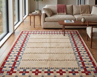 Alfombra de lana beige tejida a mano, alfombra escandinava moderna con borde a cuadros.