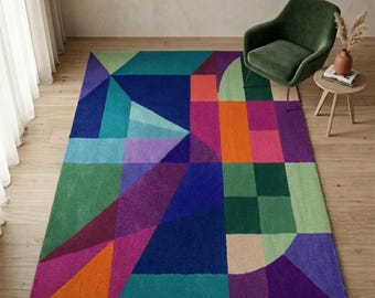 Alfombra geométrica de lana colorida, alfombra moderna abstracta personalizada tejida a mano.