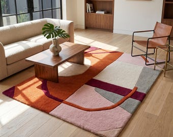 Alfombra de lana con mechones de mediados de siglo, alfombras geométricas abstractas personalizadas en tonos naranja quemado y rosa.