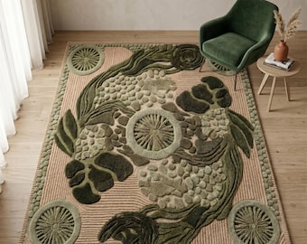 Alfombra de lana con estampado botánico de musgo, color beige y verde, 3D, tejida a mano, para sala de estar.