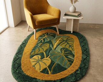 Alfombra de lana tropical irregular, alfombra hecha a mano con mechones y diseño de hojas amarillas y verdes para dormitorio.
