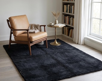 Alfombra de lana azul marino oscuro, alfombra minimalista de pelo cortado hecha a mano para sala de estar.