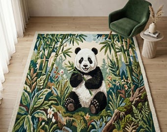 Alfombra Panda tejida a mano, alfombra infantil de lana de bambú verde salvia