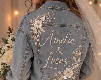 Gepersonaliseerde geborduurd spijkerjasje, jeansjasje aangepaste bruid bruiloft