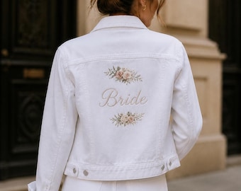 Personalized White Denim Bride Jacket | Floral Embroidered Wedding Day Outerwear