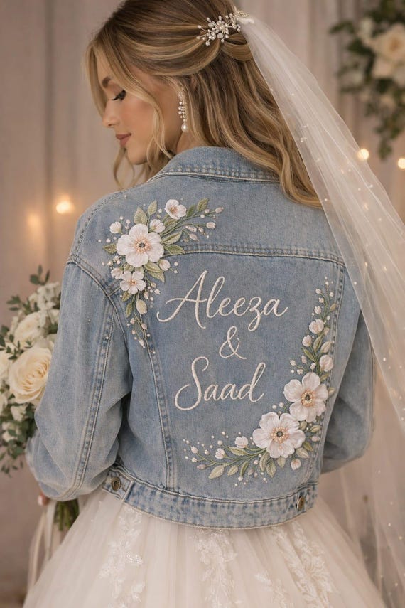 Personalized Bridal Denim Jacket, Custom Floral Embroidery Bride Jacket