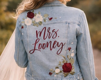 Personalized Mrs. Floral Embroidered Denim Jacket, Custom Bride Wedding Gift