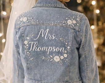 Personalized Mrs. Bride Denim Jacket, Custom Wedding Floral Jean Jacket