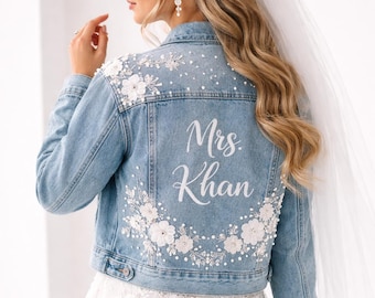 Personalized Bridal Denim Jacket, Custom Mrs. Name Floral Wedding Jean Jacket