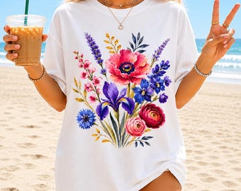 Wildblumenstrauß PNG, Vintage Blumenstrauß PNG, Retro Gartenblumen PNG, Bunt Frühlingsmutter Geschenk PNG, Botanisches Hemd PNG, Sommerhemd