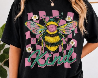 Bee Kind PNG Retro Floral Gift PNG Checkerboard Shirt png Positive Quote Tee png Cute Bee Gift PNG Digital Download