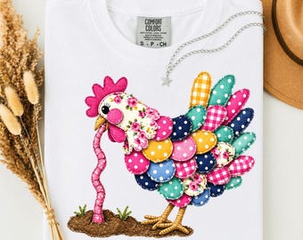 Trendiges Damen HuhnPNG, Patchwork Huhn PNG, Bauernhaus Henne Geschenk PNG, Blumen-Hahn-Shirt PNG, Süßes Land-T-Shirt PNG, Rustikale Bauernhofkunst