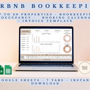 Può includere: Un laptop che mostra un modello di contabilità Airbnb con grafici di dati. Il testo "Airbnb Bookkeeping" e "Google Sheets" è visibile. Sono visibili anche due icone di file verdi e una clessidra rosa.