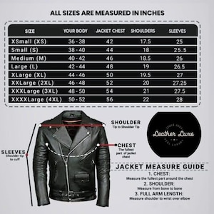 May include: A black leather jacket size chart with measurements in inches. The graphic displays a table listing sizes from XSmall to XXXXLarge, including body, chest, shoulder, and sleeve dimensions, alongside a diagram of a black jacket.