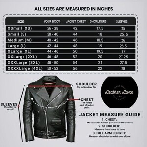 May include: A black leather jacket size chart with measurements in inches. The graphic displays a table listing sizes from XSmall to XXXXLarge, including body, chest, shoulder, and sleeve dimensions, alongside a diagram of a black jacket.