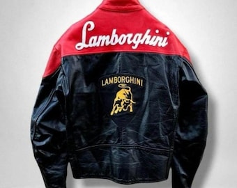Men's Lamborghini Style Leather Racing Jacket – Red Black Biker Motorsport Coat