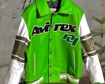 Avirex Leather Varsity Jacket Lime Green White Letterman Bomber Men’s Streetwear