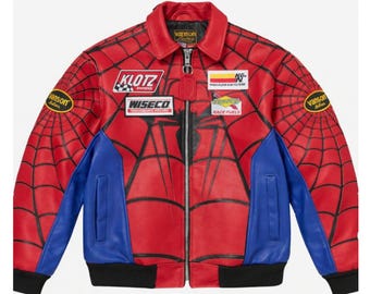 Giacca in pelle stile Spider-Man, rossa e blu, con ragnatela, da motociclista, da corsa, con cerniera, streetwear.