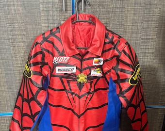 Spider-Man Style Leather Jacket Red Blue Web Biker Racing Zip Up Streetwear