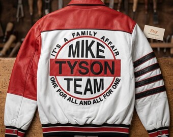 Mike Tyson Team Leather Bomber Jacket – Red White Retro Fighter Varsity Coat