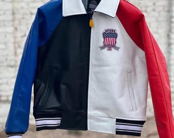 Avirex Leather Varsity Bomber Jacket All American USA Colorblock Red White Blue