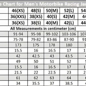 Puede incluir: Tabla de tallas para chaquetas de carreras de motos para hombre, con medidas en cent&iacute;metros. Las tallas van de 46(XS) a 60(4XL), con medidas de pecho de 91-122 cm. Incluye detalles de cintura, largo, hombro y manga.