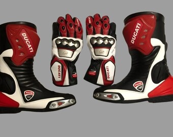 Ducati Corse Racing Motorcycle Boots and Gloves, Red White Black Set