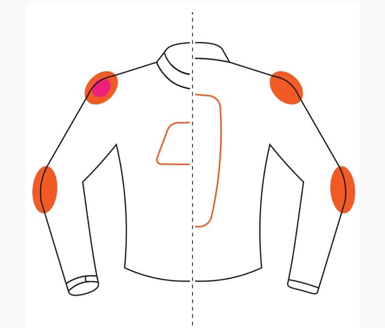 Puede incluir: Ilustraci&oacute;n de una camisa blanca de manga larga con contornos negros y detalles en naranja y rosa. La camisa tiene cuello y un n&uacute;mero 1 naranja parcial en la espalda.