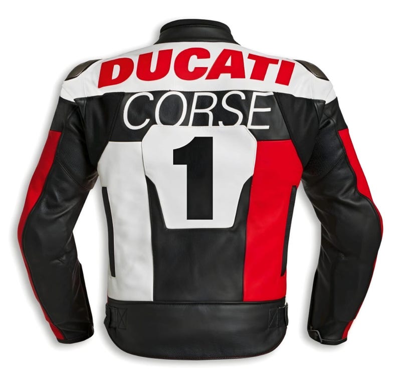 Puede incluir: Chaqueta de moto de cuero negro, blanco y rojo con la inscripci&oacute;n "DUCATI CORSE" y el n&uacute;mero "1" en la espalda. Dise&ntilde;o de carreras cl&aacute;sico con cuello alzado y hombros acolchados.
