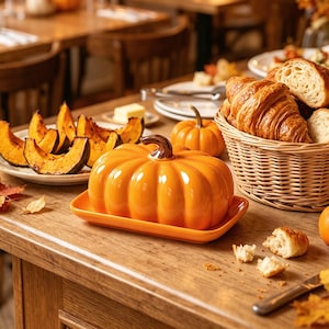 May include: A glossy orange ceramic butter dish shaped like a pumpkin with a brown stem handle, resting on a matching rectangular base. The dish features a ribbed, rounded design and is positioned among various food items on a wooden surface.