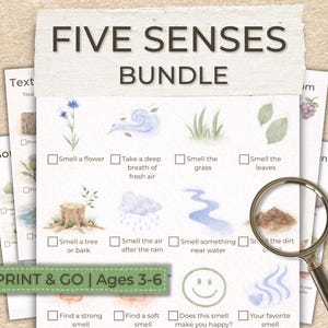 May include: A printable "Five Senses Bundle" educational activity sheet for ages 3-6. The watercolor illustrations include a flower, grass, leaves, and a magnifying glass over dirt. The text includes "PRINT & GO".