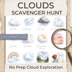 May include: A printable cloud scavenger hunt for children aged 3-6. The image shows watercolour illustrations of different cloud types, a rainbow, and a child drawing. Text includes "Clouds Scavenger Hunt" and "No Prep Cloud Exploration."