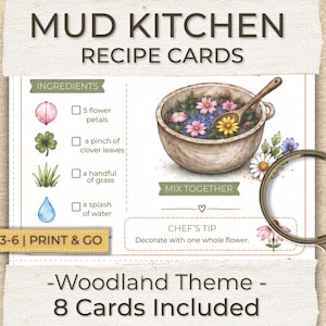 Mud Kitchen Recipe Cards | Woodland Nature Recipe Set | 8 Pretend Play Recipes for Kids | Outdoor Play Printable | Montessori Activity PDF