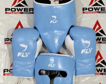 Conjunto de entrenamiento de boxeo con mosca de cuero genuino de vaca: guantes, protector de cabeza y protector inguinal.