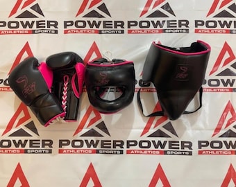 Guantes de boxeo, casco y protector inguinal de cuero personalizados – Todos los colores disponibles