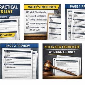 May include: A collection of documents for UK electricians, including an EICR Practical Checklist, preview pages, and a "What's Included" list. The documents feature checklists and forms, with text such as "Job & Client Details" and "Observation Codes". A gavel is also shown.
