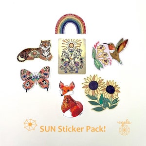 AUTOCOLLANTS SOLEIL PACK de 7 - 3 autocollants en vinyle bouteille d'eau pour ordinateur portable sticker collectionneur jardinier cadeau amoureux de la nature soleil renard tigre tournesols ensoleillés