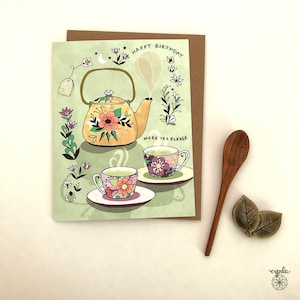 Biglietto d'auguri a tema tè verde - biglietto da tè, biglietto di compleanno a tema tè, cancelleria per l'ora del tè, articoli di carta per il tè, amo il tè, regalo per gli amanti del tè