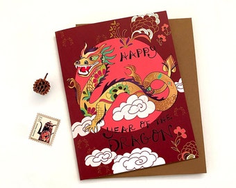 Dragon New Year Card- Year of the Dragon holiday card, New years day,  Happy new year greeting cards, Red Chinese new year, 2024 new year