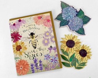 Bee Garden Card - floral bees flowers spring everyday card blank friendship thank you card thinking of you save the bees garden party bee