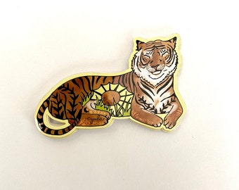 Tiger sticker -calm tiger, peaceful tiger stickers 3 inch vinyl beautiful animal stickers i love tigers cards sun tiger moon laying down