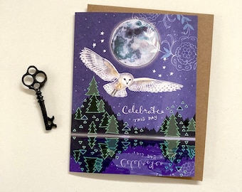 Owl Lake greeting card - barn owl birthday lake house forest owl on a lake, owl lover birthday cynla greeting cards